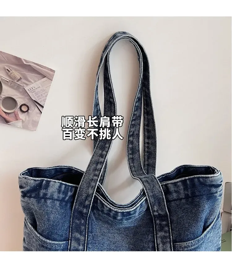 Tas Selempang Wanita Bahan PU Sintetis Polos Warna Biru Bentuk Kotak Tali Lebar Bahan Denim