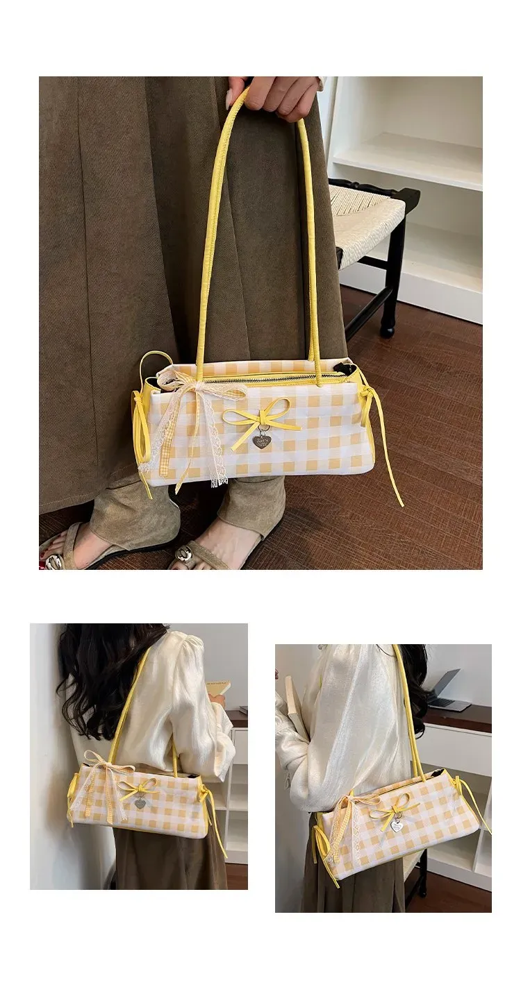 Tas Selempang Wanita Bahan PU Sintetis Motif Polkadot Warna Kuning Bentuk Kotak Grosir Import