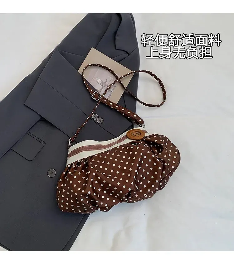 Tas Selempang Wanita Bahan PU Sintetis Motif Polkadot Warna Putih Bentuk Bulat untuk Jualan