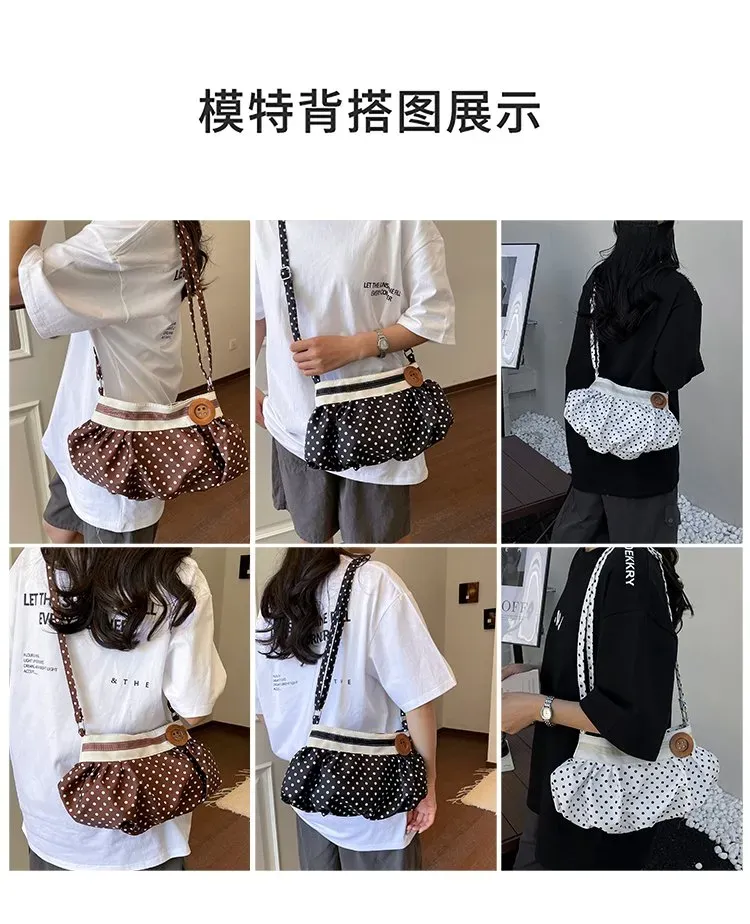 Tas Selempang Wanita Bahan PU Sintetis Motif Polkadot Warna Putih Bentuk Bulat untuk Jualan