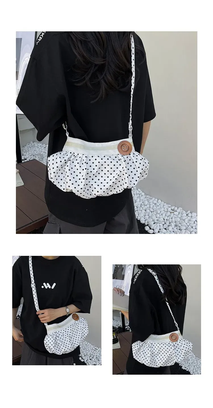 Tas Selempang Wanita Bahan PU Sintetis Motif Polkadot Warna Putih Bentuk Bulat untuk Jualan