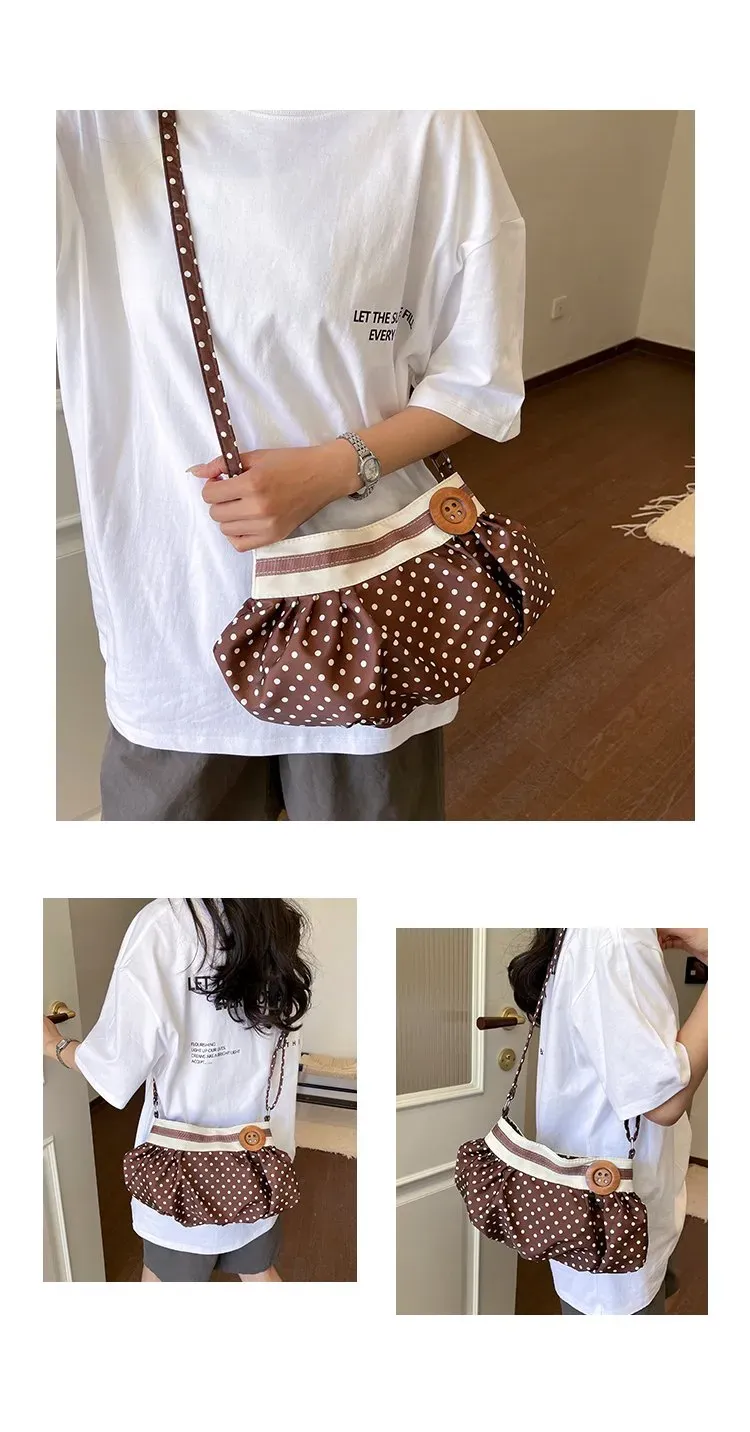 Tas Selempang Wanita Bahan PU Sintetis Motif Polkadot Warna Putih Bentuk Bulat untuk Jualan