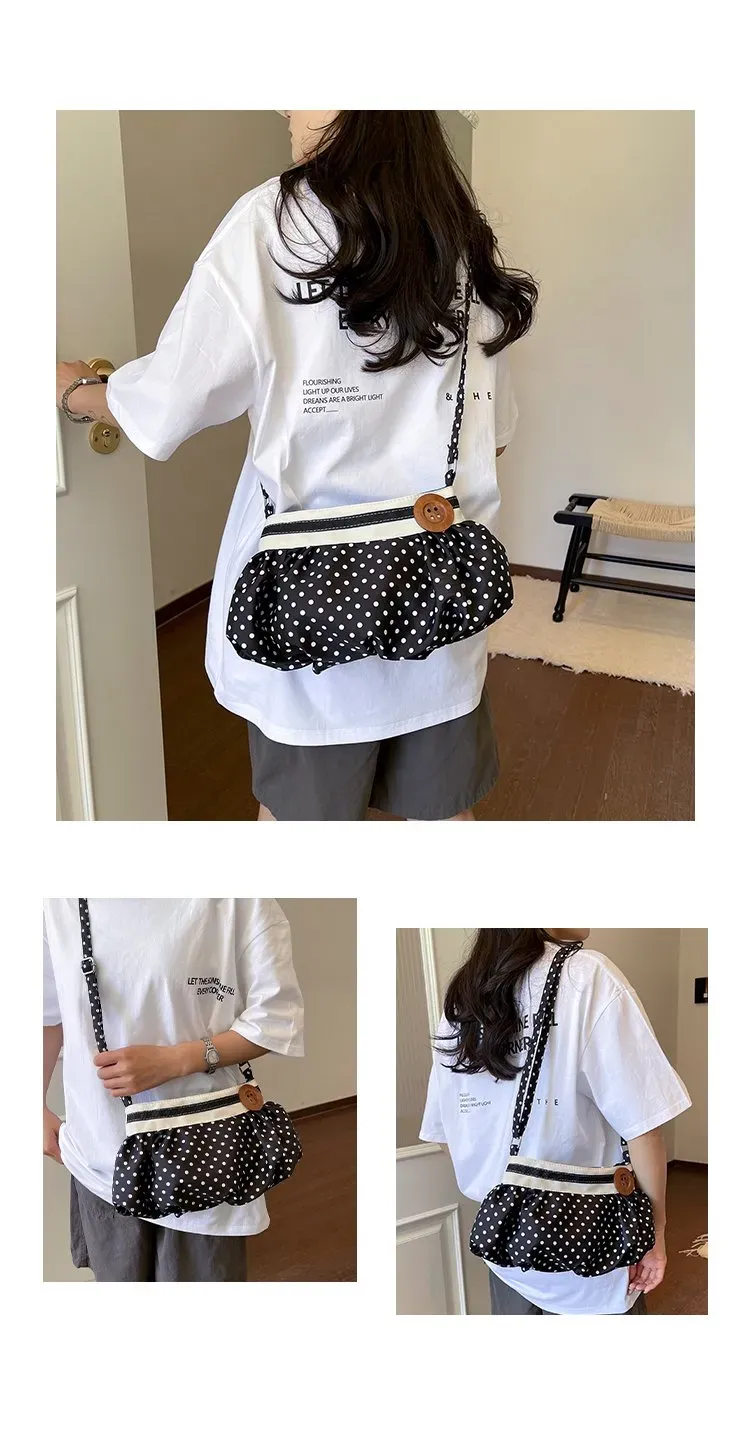 Tas Selempang Wanita Bahan PU Sintetis Motif Polkadot Warna Putih Bentuk Bulat untuk Jualan