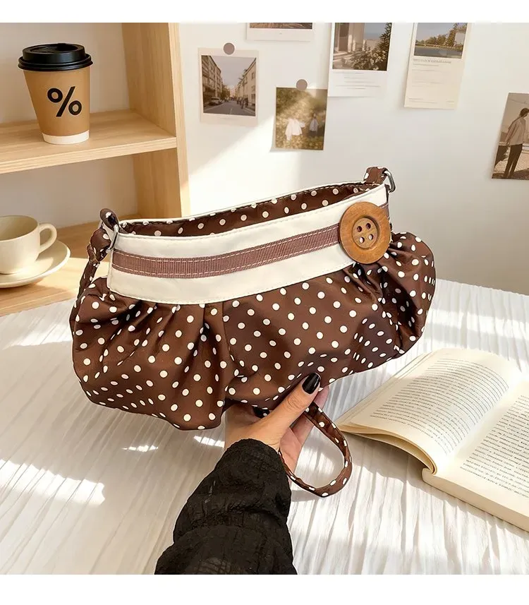Tas Selempang Wanita Bahan PU Sintetis Motif Polkadot Warna Putih Bentuk Bulat untuk Jualan