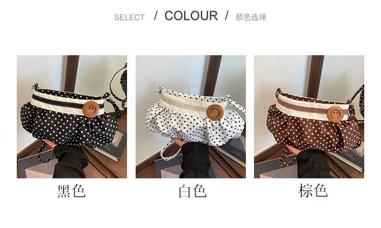 Tas Selempang Wanita Bahan PU Sintetis Motif Polkadot Warna Putih Bentuk Bulat untuk Jualan