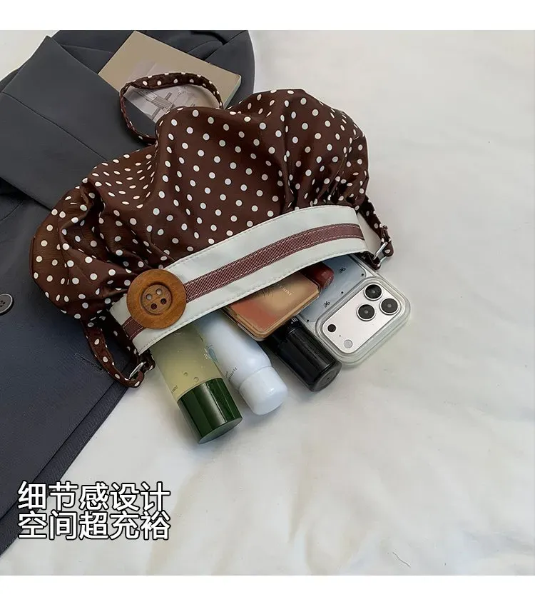 Tas Selempang Wanita Bahan PU Sintetis Motif Polkadot Warna Putih Bentuk Bulat untuk Jualan