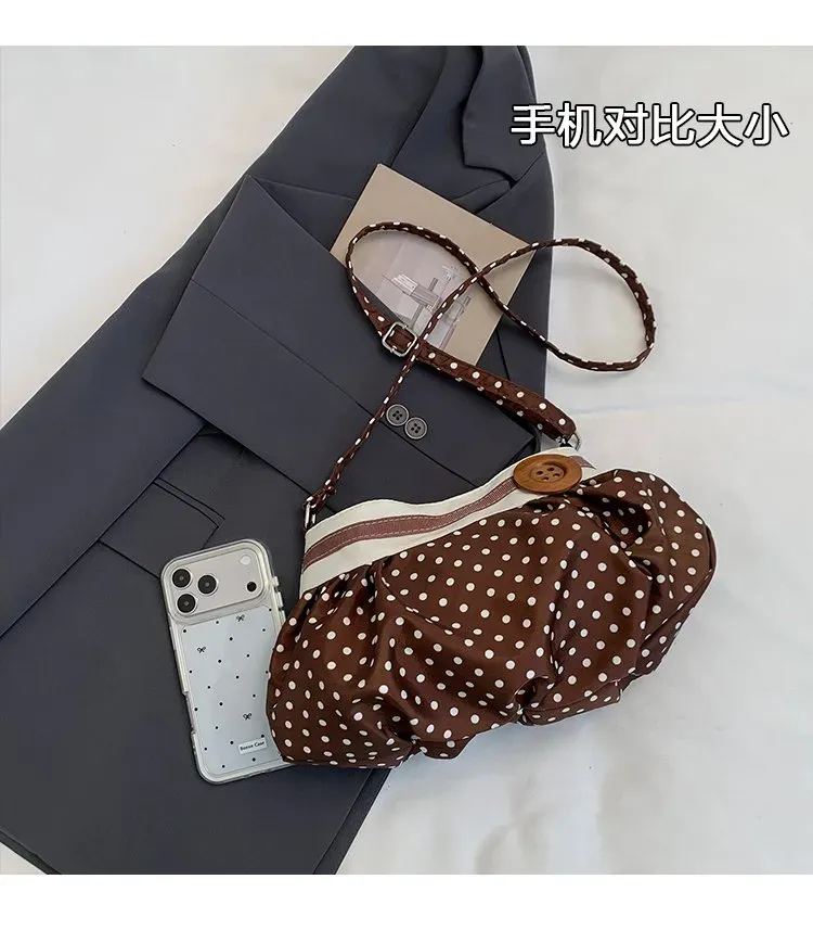Tas Selempang Wanita Bahan PU Sintetis Motif Polkadot Warna Putih Bentuk Bulat untuk Jualan