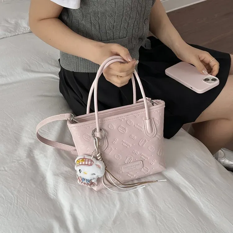 Tas Selempang Wanita Bahan PU Sintetis Motif Print Warna Pink Bentuk Kotak Tali Model Import