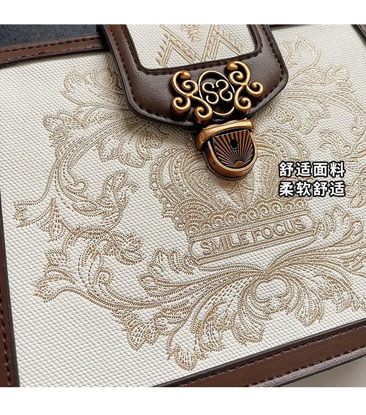 Tas Selempang Wanita Bahan PU Sintetis Motif Print Bentuk Kotak Tali Panjang Warna Cokelat