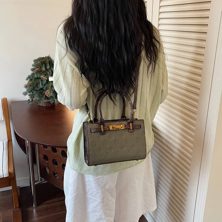 Tas Selempang Wanita Bahan PU Sintetis Motif Print Warna Hijau Bentuk Kotak Tali untuk Reseller