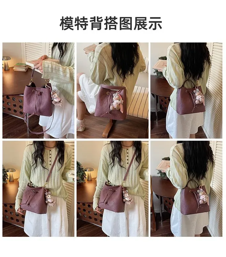 Tas Bucket Wanita Bahan PU Sintetis Motif Print Warna Merah Bentuk Kotak Tali Grosir Import