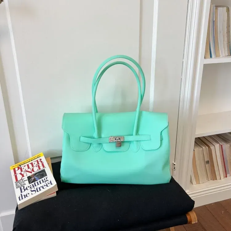 Tas Selempang Wanita Bahan PU Sintetis Polos Warna Biru Bentuk Kotak Tali Lebar untuk Toko
