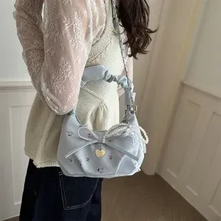 Tas Selempang Wanita Bahan Kain Polos Warna Biru Bentuk Bulat Tali Panjang Model Grosir Import