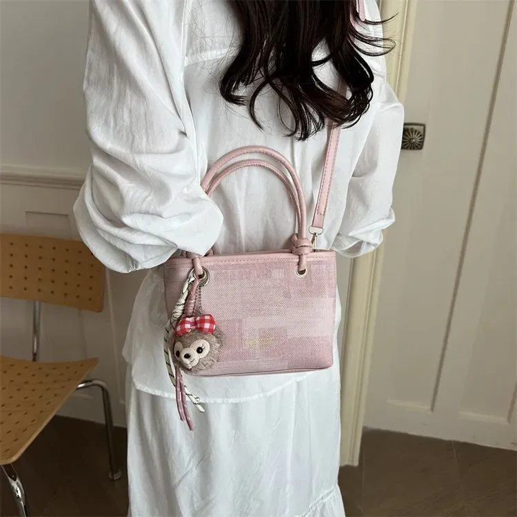Tas Selempang Wanita Bahan PU Sintetis Motif Print Warna Pink Bentuk Kotak Tali untuk Jualan