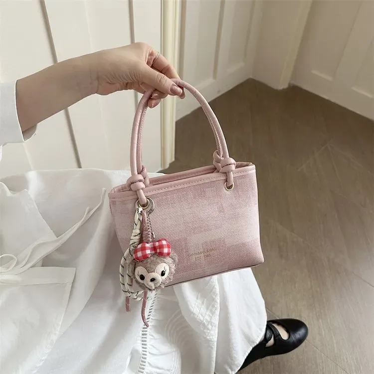 Tas Selempang Wanita Bahan PU Sintetis Motif Print Warna Pink Bentuk Kotak Tali untuk Jualan