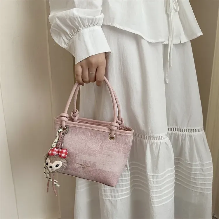 Tas Selempang Wanita Bahan PU Sintetis Motif Print Warna Pink Bentuk Kotak Tali untuk Jualan