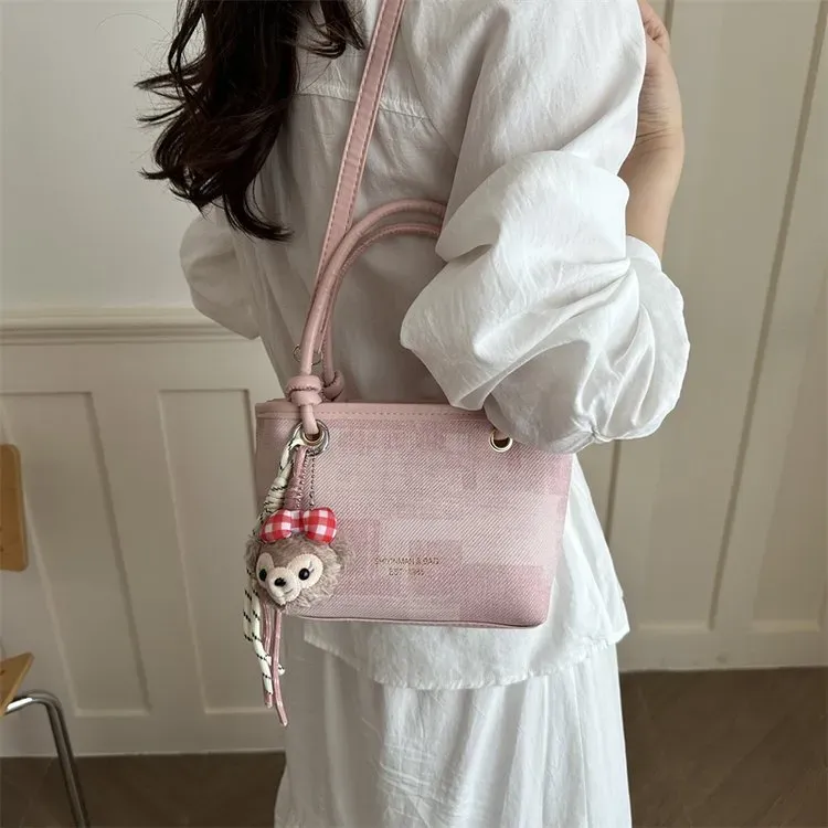 Tas Selempang Wanita Bahan PU Sintetis Motif Print Warna Pink Bentuk Kotak Tali untuk Jualan