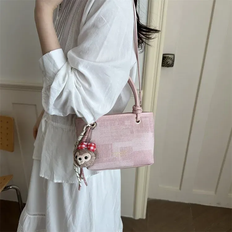 Tas Selempang Wanita Bahan PU Sintetis Motif Print Warna Pink Bentuk Kotak Tali untuk Jualan