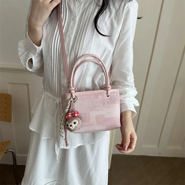 Tas Selempang Wanita Bahan PU Sintetis Motif Print Warna Pink Bentuk Kotak Tali untuk Jualan
