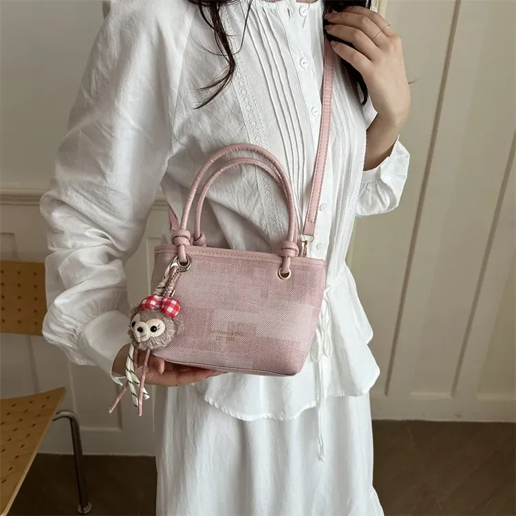 Tas Selempang Wanita Bahan PU Sintetis Motif Print Warna Pink Bentuk Kotak Tali untuk Jualan