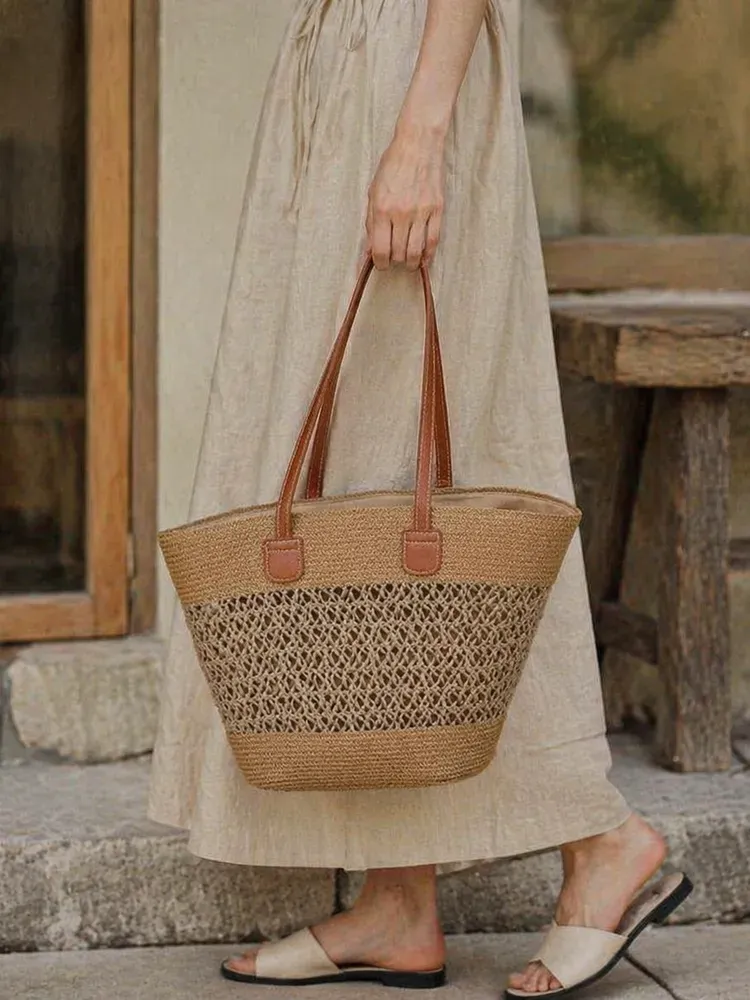 Tas Bucket Wanita Bahan PU Sintetis Tekstur Anyam Warna Putih Bentuk Bucket Tali Grosir Import