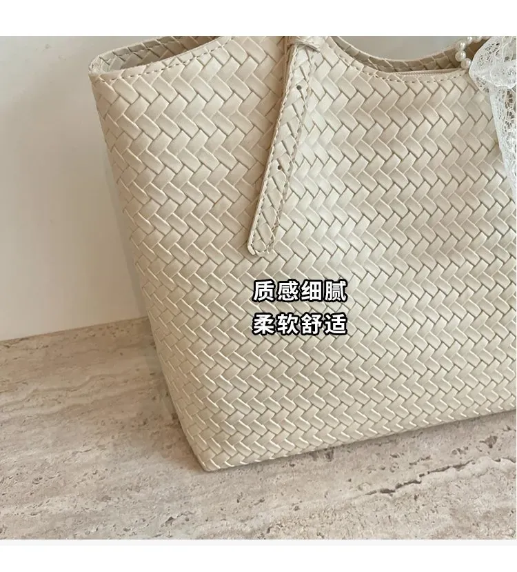 Tas Selempang Wanita Bahan PU Sintetis Tekstur Anyam Bentuk Kotak Tali Lebar Grosir Import