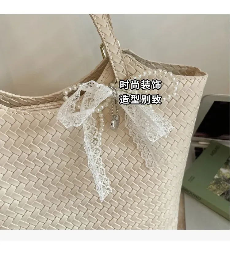 Tas Selempang Wanita Bahan PU Sintetis Tekstur Anyam Bentuk Kotak Tali Lebar Grosir Import