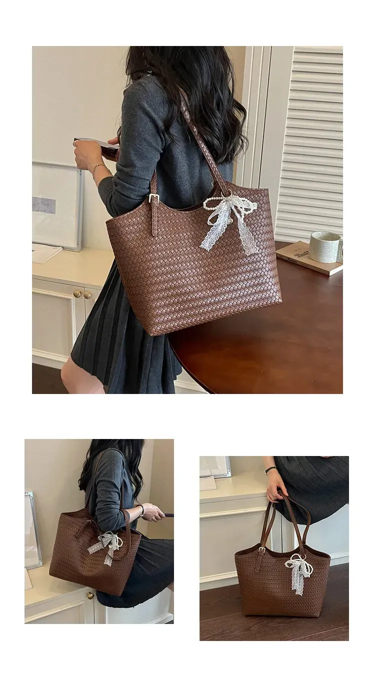 Tas Selempang Wanita Bahan PU Sintetis Tekstur Anyam Bentuk Kotak Tali Lebar Grosir Import