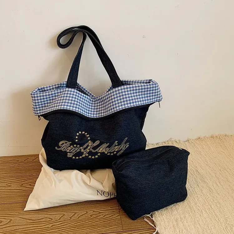 Tas Bahu Wanita Bahan Kanvas Model Quilted Warna Biru Kapasitas Besar Grosir Import