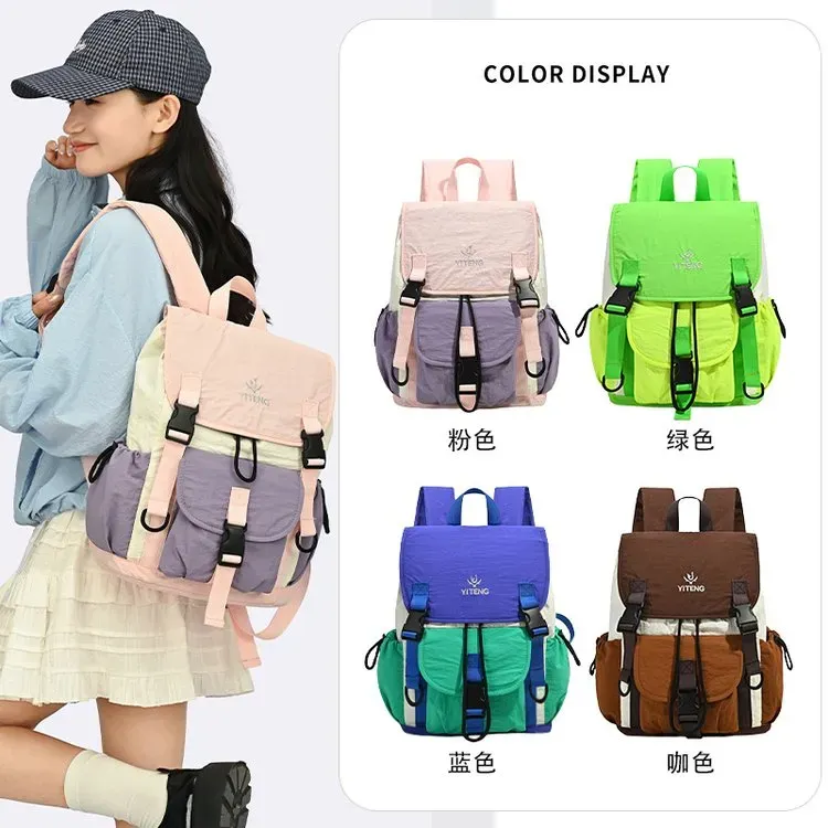 Tas Ransel Wanita Bahan Nylon Polos Warna Pink Bentuk Kotak Tali Lebar Resleting Grosir Import