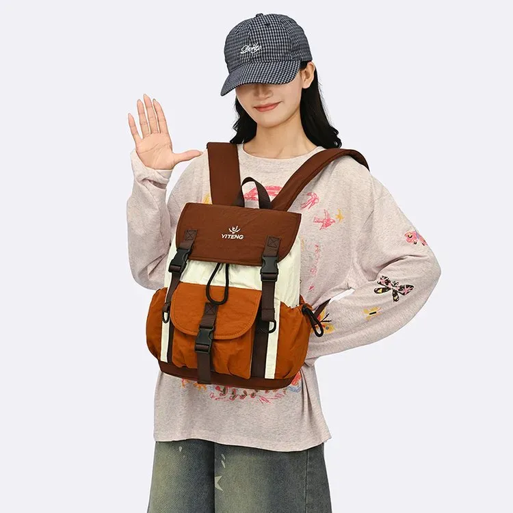Tas Ransel Wanita Bahan Nylon Polos Warna Pink Bentuk Kotak Tali Lebar Resleting Grosir Import