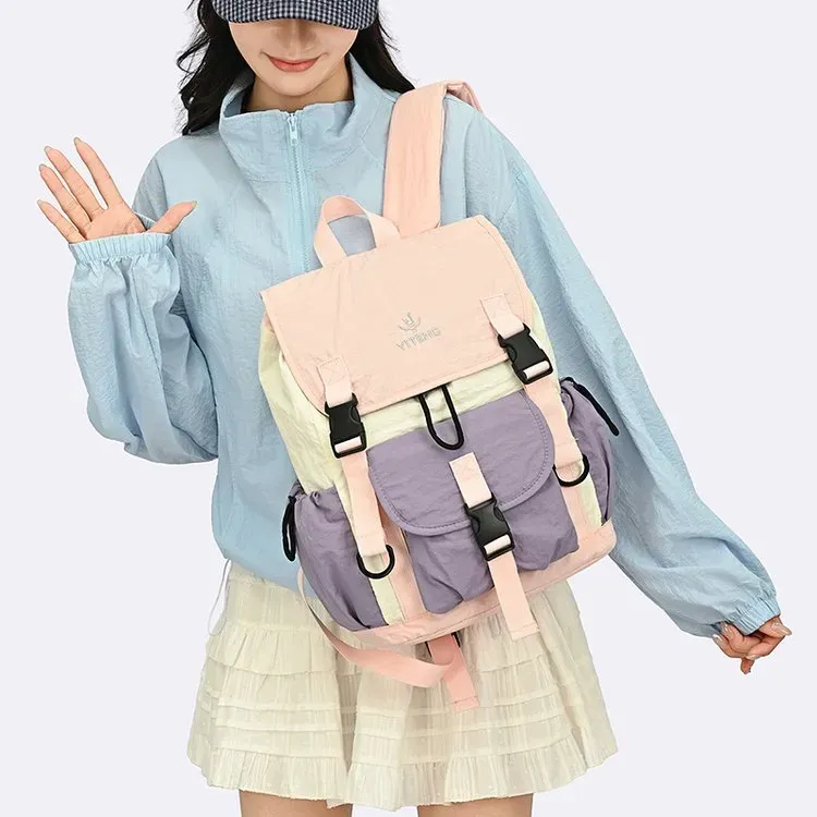 Tas Ransel Wanita Bahan Nylon Polos Warna Pink Bentuk Kotak Tali Lebar Resleting Grosir Import
