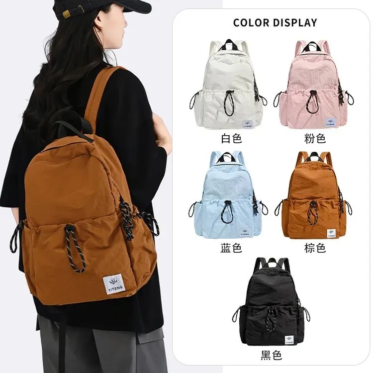 Tas Ransel Wanita Bahan Nylon Polos Warna Pink Bentuk Kotak Tali Lebar Resleting Grosir Import